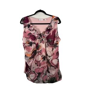 New York & Co. Tank Top Large Pink Mauve Floral Chiffon Ruffle Sleeveless Blouse